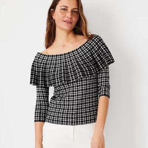 Ann Taylor Plaid Off-Shoulder Black and White Sweater Top